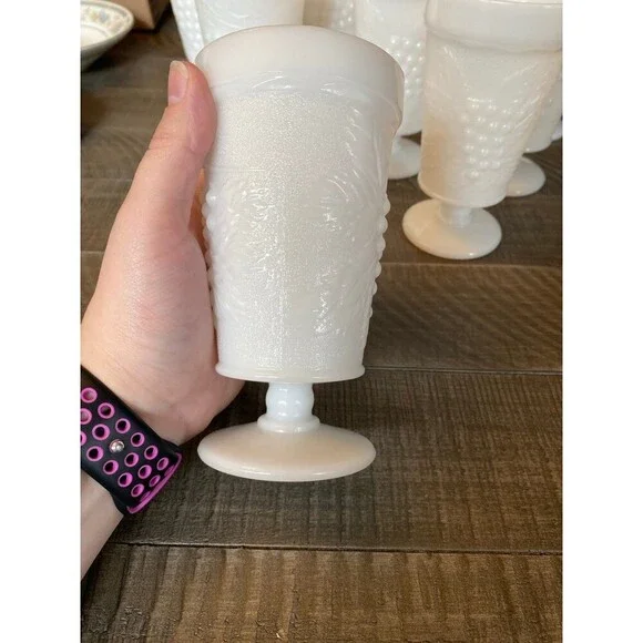 Vintage footed milk glass goblet cups with grapes and vine design - Picture 3 of 12
